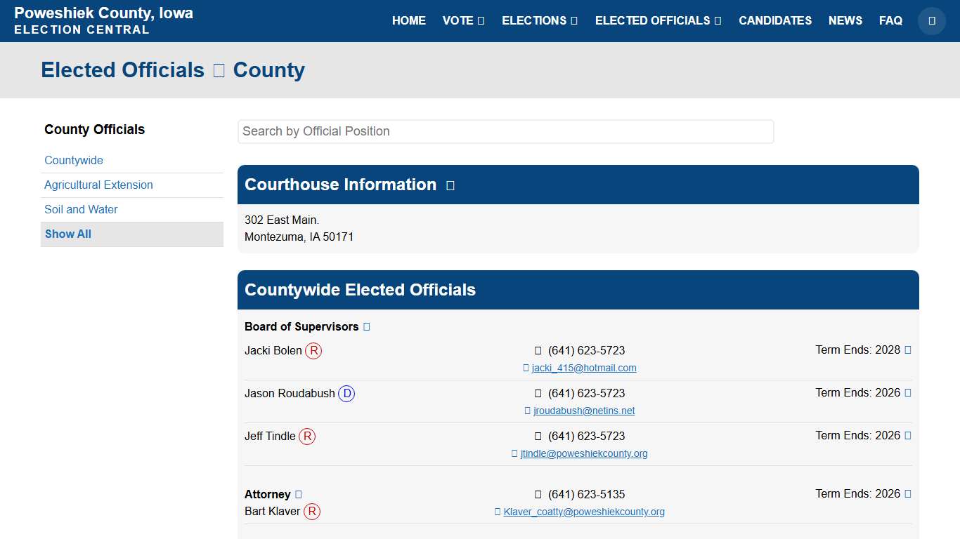 County Elected Officials in Poweshiek County, Iowa